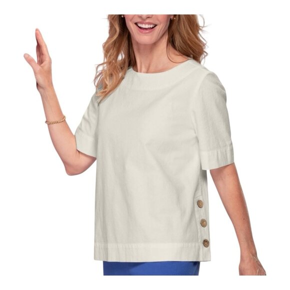 Appleseed’s Captiva Side Button Top Petite XL White Elbow Sleeves Bateau Neck - Picture 1 of 9